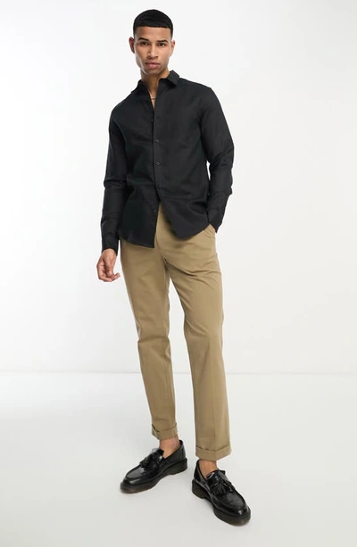 Shop Asos Design Smart Linen & Cotton Blend Button-up Shirt In Black