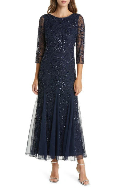 Shop Pisarro Nights Illusion Sleeve Beaded A-line Gown In Dark Navy