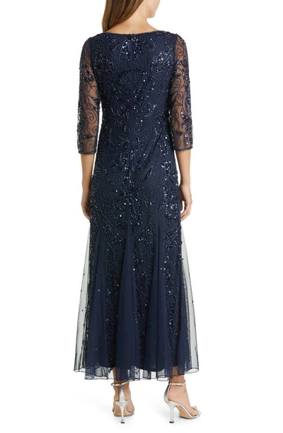 Shop Pisarro Nights Illusion Sleeve Beaded A-line Gown In Dark Navy