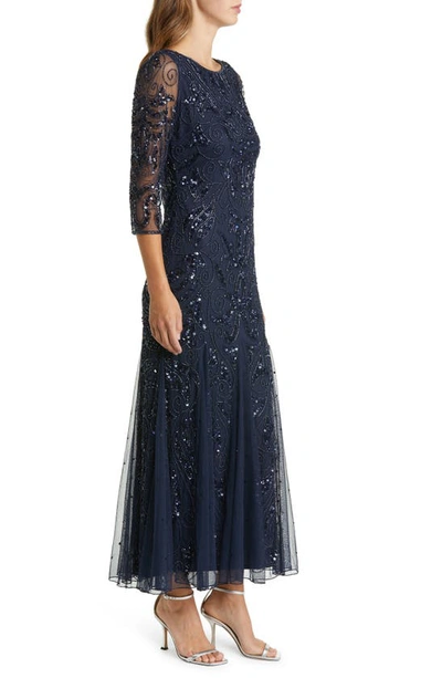 Pisarro Nights Illusion Sleeve Beaded A-line Gown In Dark Navy