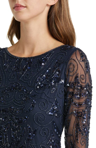 Pisarro Nights Illusion Sleeve Beaded A-line Gown In Dark Navy