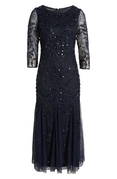 Pisarro Nights Illusion Sleeve Beaded A-line Gown In Dark Navy