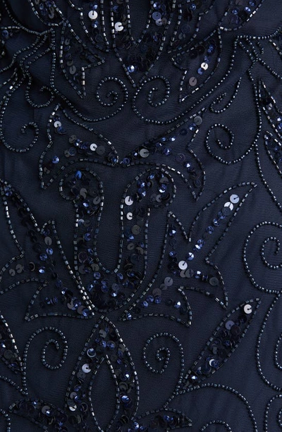 Shop Pisarro Nights Illusion Sleeve Beaded A-line Gown In Dark Navy