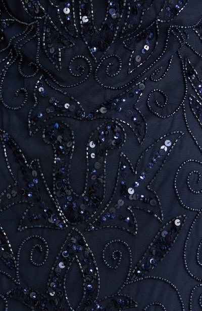 Pisarro Nights Illusion Sleeve Beaded A-line Gown In Dark Navy