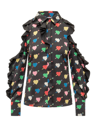 Shop Msgm Heart Printed Cut Out Sleeved Shirt In Multi