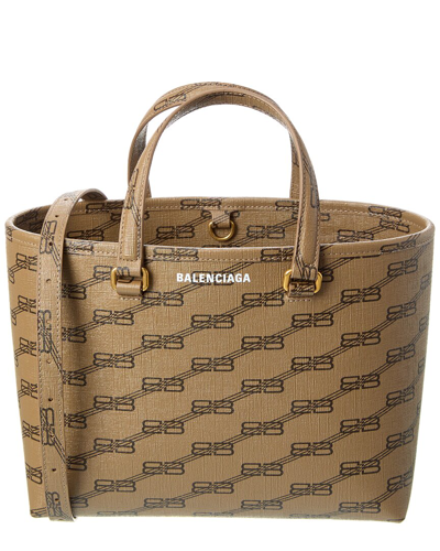 Shop Balenciaga Signature Small East-west Coated Canvas Tote In Brown