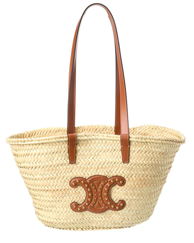 Shop Celine Triomphe Palm Leaves & Leather Tote In Brown