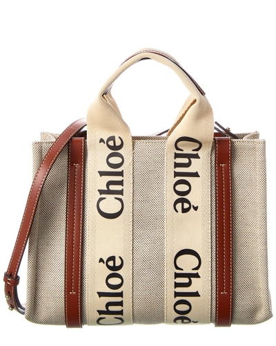 Shop Chloé Woody Small Canvas & Leather Tote In White