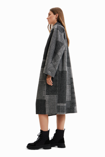 Shop Desigual Long Patchwork Wool Coat In Black