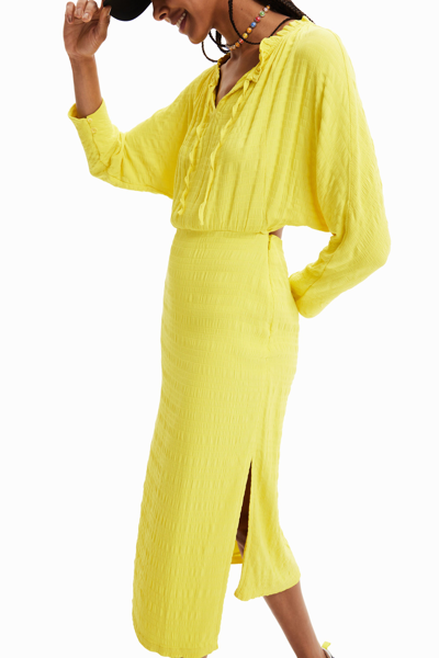 Shop Desigual Textured Midi Dress In Yellow