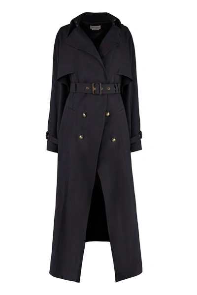Shop Alexander Mcqueen Wool And Cotton Trench Coat In Blue