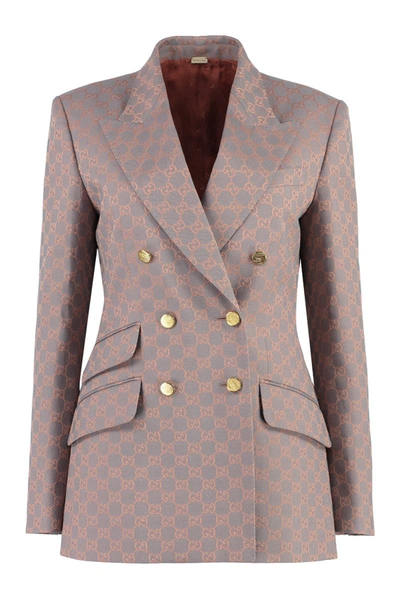 Shop Gucci Cotton Double-breasted Blazer In Grey