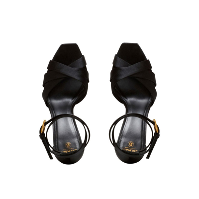 Balmain Block Heel Leather Sandals With Crossover Detail