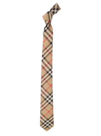 Shop Burberry Beige Scarf With All-over Vintage Check Print In Silk Man In Archive Beige