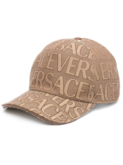 Shop Versace Beige Baseball Cap With All-over Logo Lettering Print In Canvas Man