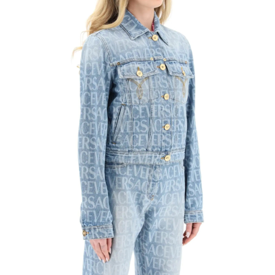 Versace Short Light Blue Jacket With All-over Logo And Branded Buttons In Cotton Denim Woman