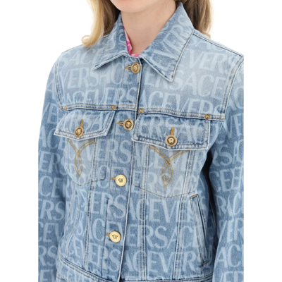 Versace Short Light Blue Jacket With All-over Logo And Branded Buttons In Cotton Denim Woman