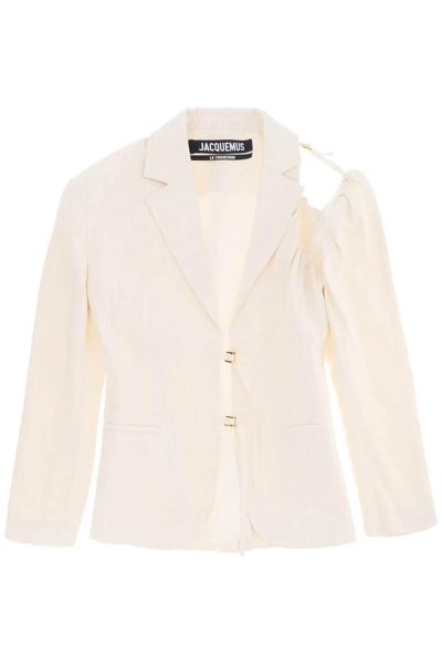 Jacquemus Linen Blazer Jacket With Off-shoulder Puff Sleeve In White