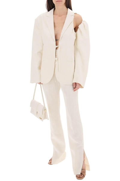 Jacquemus Linen Blazer Jacket With Off-shoulder Puff Sleeve In White