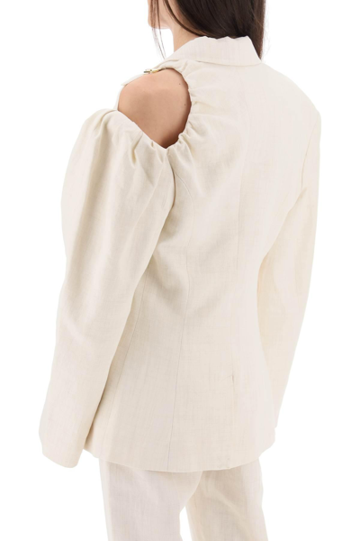 Jacquemus Linen Blazer Jacket With Off-shoulder Puff Sleeve In White