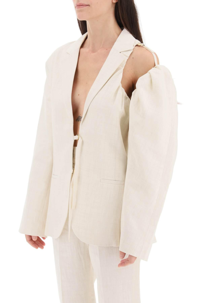 Jacquemus Linen Blazer Jacket With Off-shoulder Puff Sleeve In White