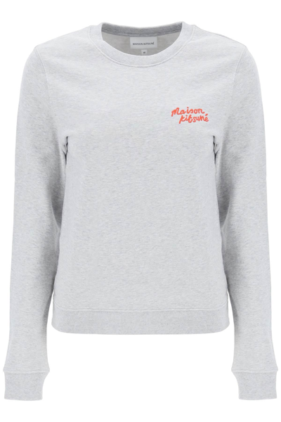 Shop Maison Kitsuné Crew-neck Sweatshirt With Logo Lettering In Grey