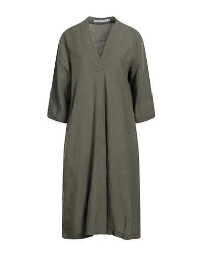 Shop European Culture Woman Midi Dress Military Green Size Xxl Lyocell, Linen