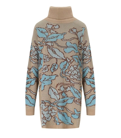 Shop Twinset Jacquard Hearts And Leafs Beige Turtleneck Maxi Jumper