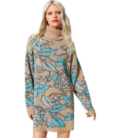 Shop Twinset Jacquard Hearts And Leafs Beige Turtleneck Maxi Jumper