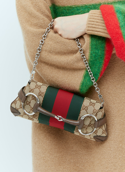 Shop Gucci Gg Horsebit Chain Small Shoulder Bag In Brown