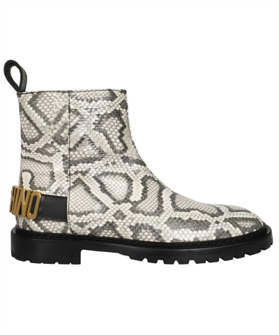 Shop Moschino Leather Ankle Boots In Animalier