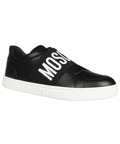 Shop Moschino Logo Detail Leather Sneakers In Black