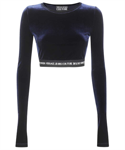 Shop Versace Jeans Couture Long Sleeve Crop Top In Blue