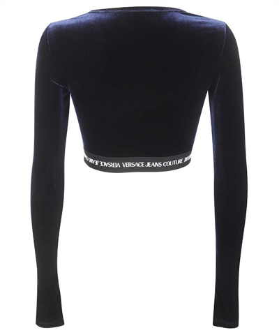 Shop Versace Jeans Couture Long Sleeve Crop Top In Blue