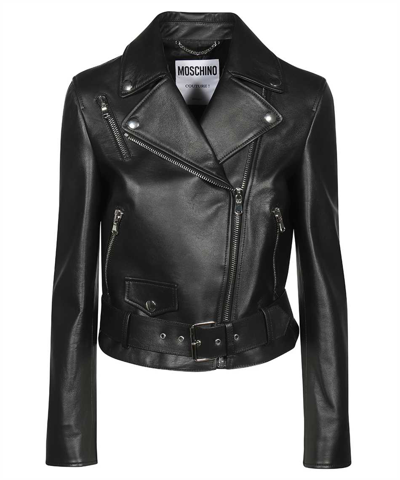 Shop Moschino Leather Jacket In Black