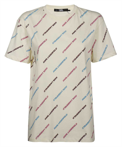 Shop Karl Lagerfeld Cotton T-shirt With All Over Logo In Beige