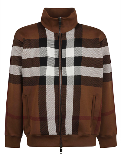 Shop Burberry Check Zip Bomber In Dark Birch Brown