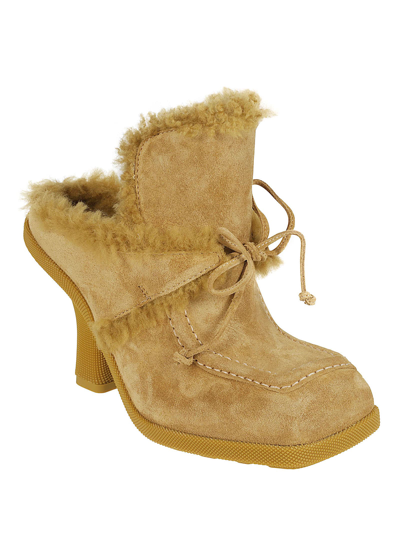 Shop Burberry Fur Detail Lace-up Mules In Amber Yellow