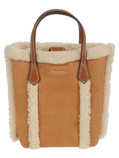 Shop Tory Burch Perry Shearling Mini Tote In Brown