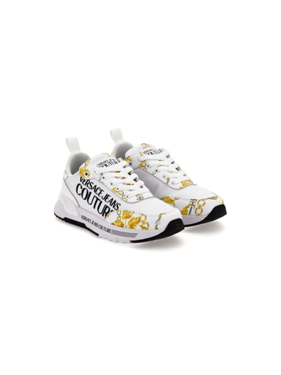 Shop Versace Jeans Couture Shoes Fondo Dynamic Dis. Sa3 Nylon+printed Grs Leather+coated In White/gold