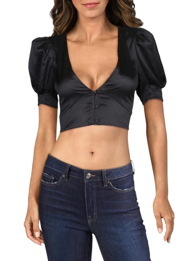 Shop Danielle Bernstein Womens Satin Puff Sleeves Crop Top In Black