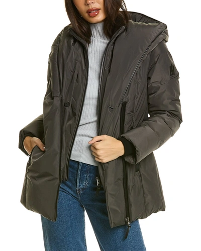 Shop Mackage Adali Leather-trim Down Coat In Grey