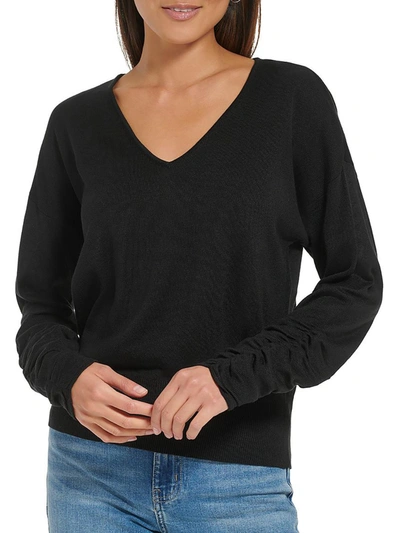 Shop Calvin Klein Womens Ruched 3/4 Sleeve V-neck Sweater In Black