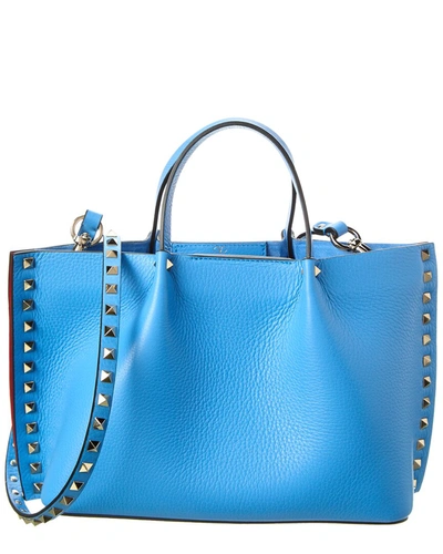 Shop Valentino Rockstud Grainy Leather Tote In Blue
