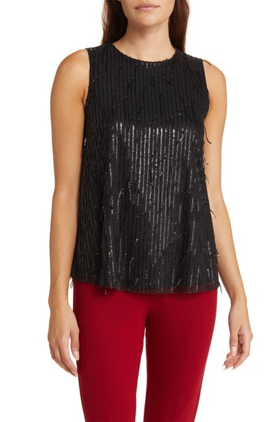 Shop Anne Klein Sequin Fringe Mesh Top In Anne Black