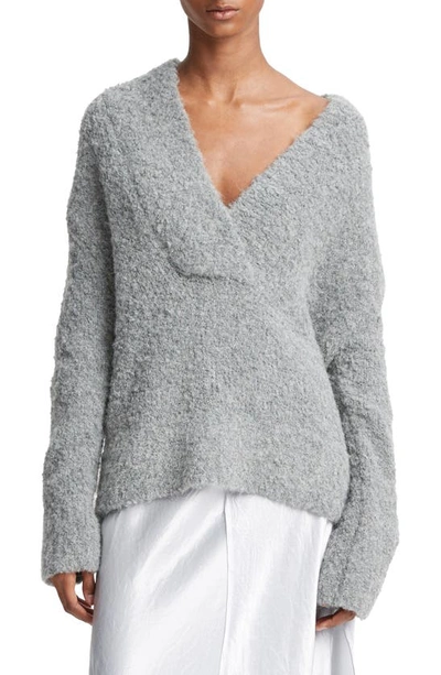 Shop Vince Crimped Shawl Wool Blend Bouclé Sweater In Heather Silver Dust
