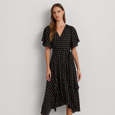Shop Lauren Petite Geo-print Crepe Flutter-sleeve Dress In Black/tan