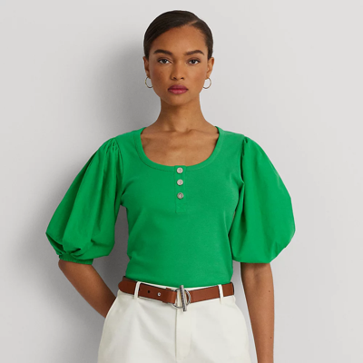 Shop Lauren Ralph Lauren Stretch Cotton Puff-sleeve Henley Tee In Green Topaz