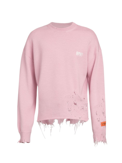 Shop Heron Preston Men's Shredded Knit Crewneck Sweater In Pink Black