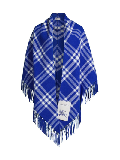 Shop Burberry Women's Check Fringe Wool Cape In Knight